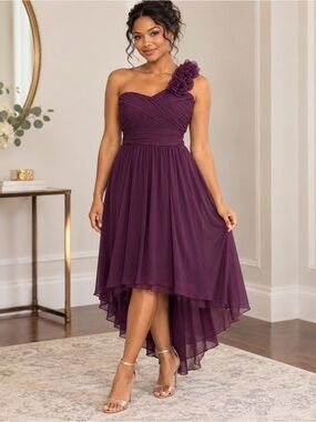 DB Studio Deep Plum One Shoulder Chiffon High Low Dress 8/10 Floral Formal